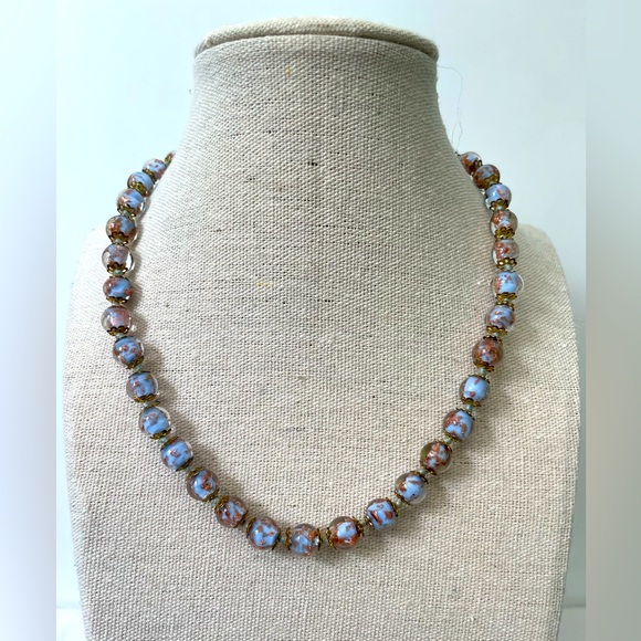 Jewelry - Authentic Venetian Murano Glass Beaded Necklace in Blue and Gold